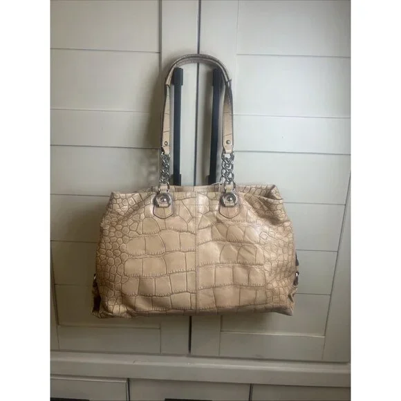 Coach Ashley (2011) Leather Croc Carry all Tote Bag Purse Camel Beige - Picture 2 of 16